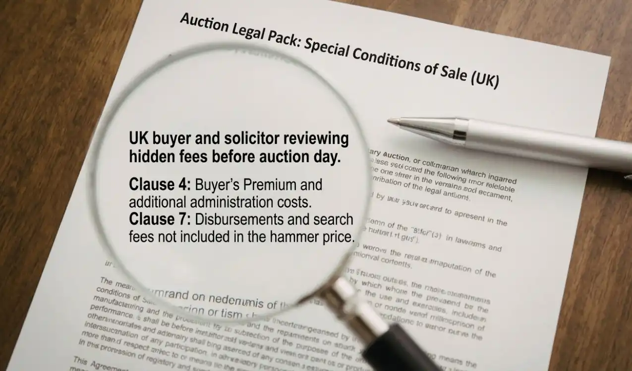 Auction legal pack special conditions of sale — UK buyer and solicitor reviewing hidden fees before auction day