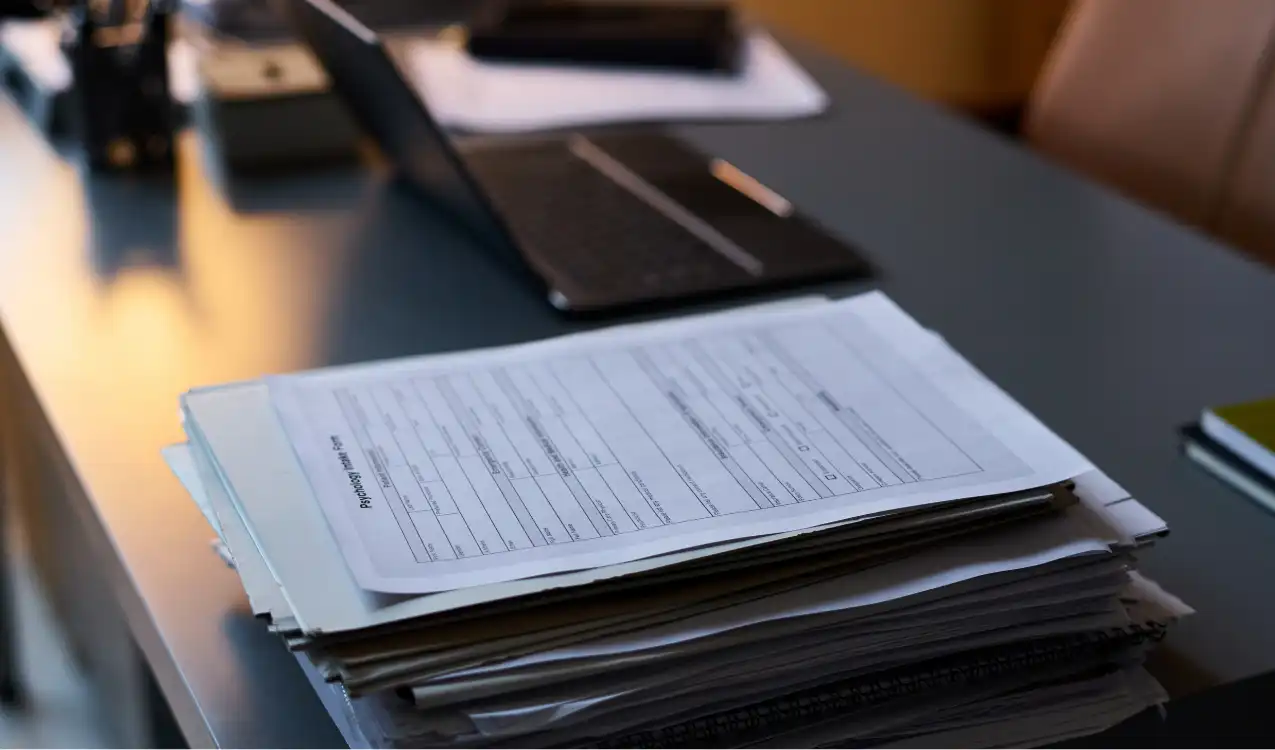 Documents needed to buy property at auction laid out on a desk