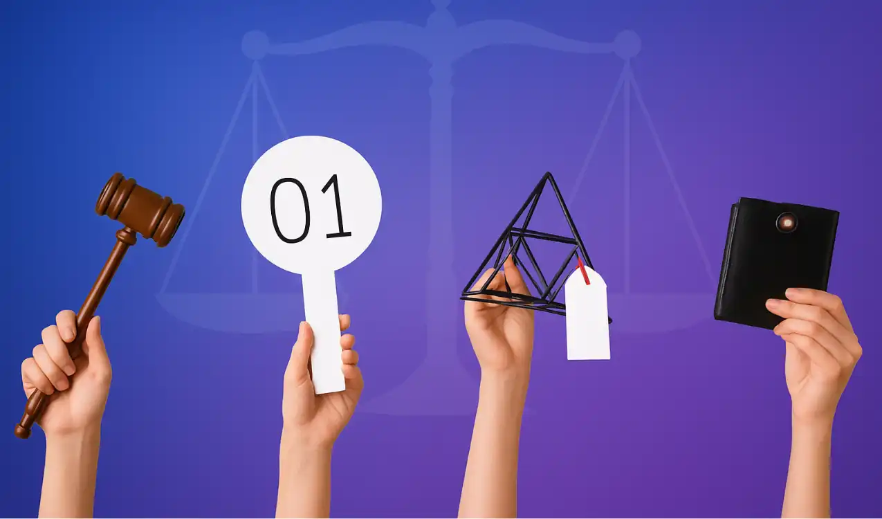 Property being sold at auction in the UK — gavel and auction room with bidders