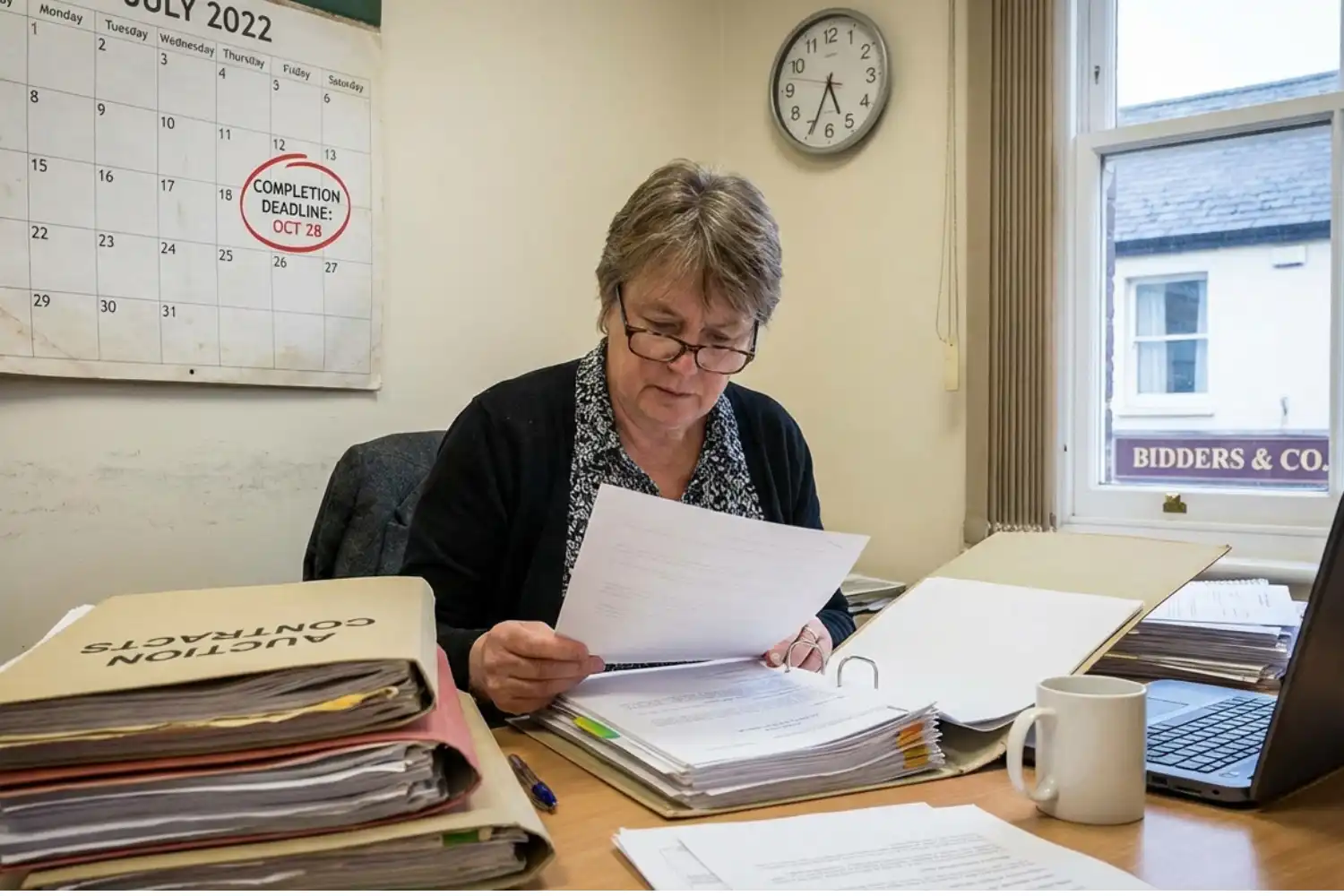 Auction conveyancing solicitor reviewing legal documents under 28-day completion deadline after property auction