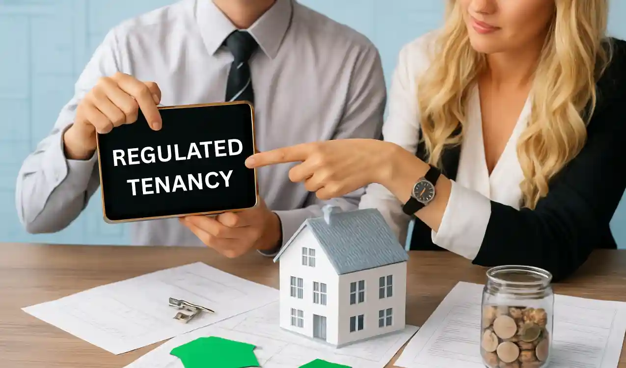 Regulated tenancy property at auction — investor reviewing Rent Act tenancy documents before bidding