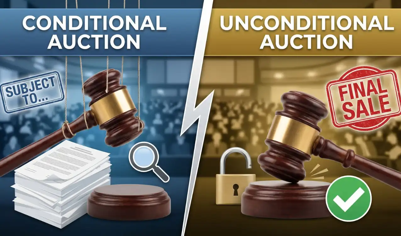 Conditional vs unconditional auction UK — buyer at property auction reading legal documents to understand modern method of auction reservation fee and completion timeline
