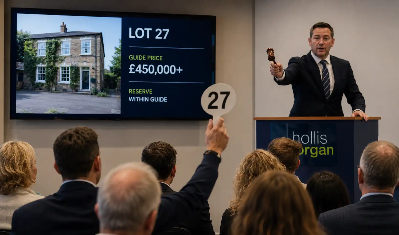 Auction guide price vs reserve price — UK property bidder raising paddle at auction room with auctioneer at podium and lot details on screen