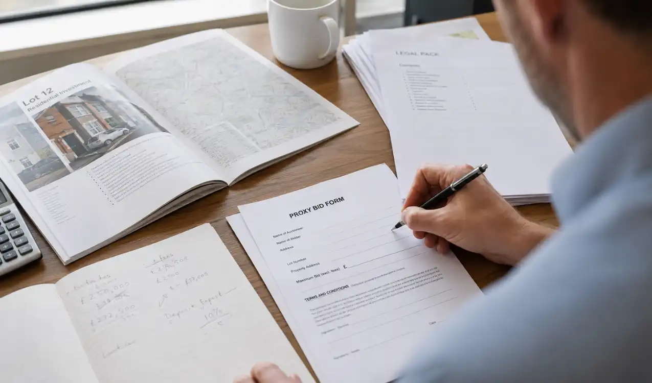 how proxy bidding works — buyer reviewing auction proxy bid form at desk before submitting maximum bid instruction