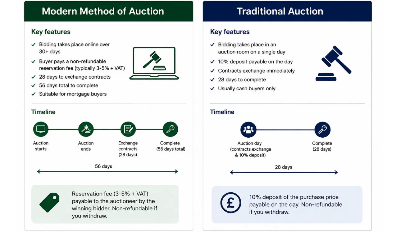 Comparison diagram of modern method of auction versus traditional auction showing reservation fee and 56-day completion timeline