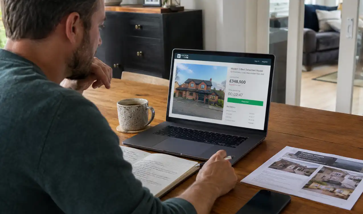 Property buyer bidding online in a modern method of auction on a laptop at home