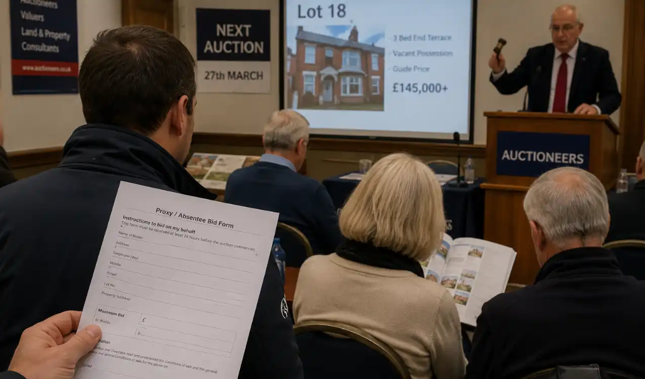 proxy bidding at property auction — auctioneer at podium with bidder form and gavel at UK property auction
