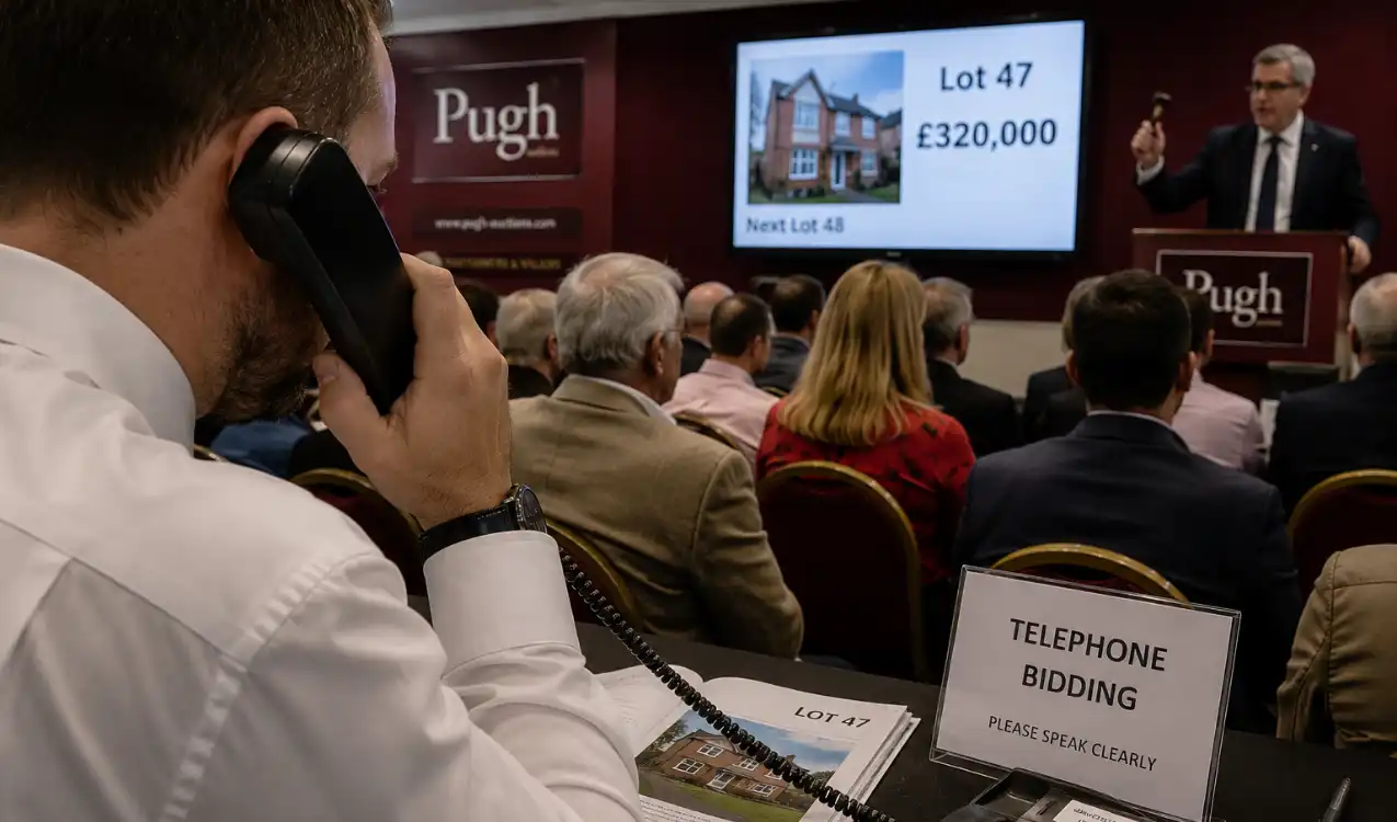 telephone bidding at auction — bidder on phone with auction clerk during live UK property auction room