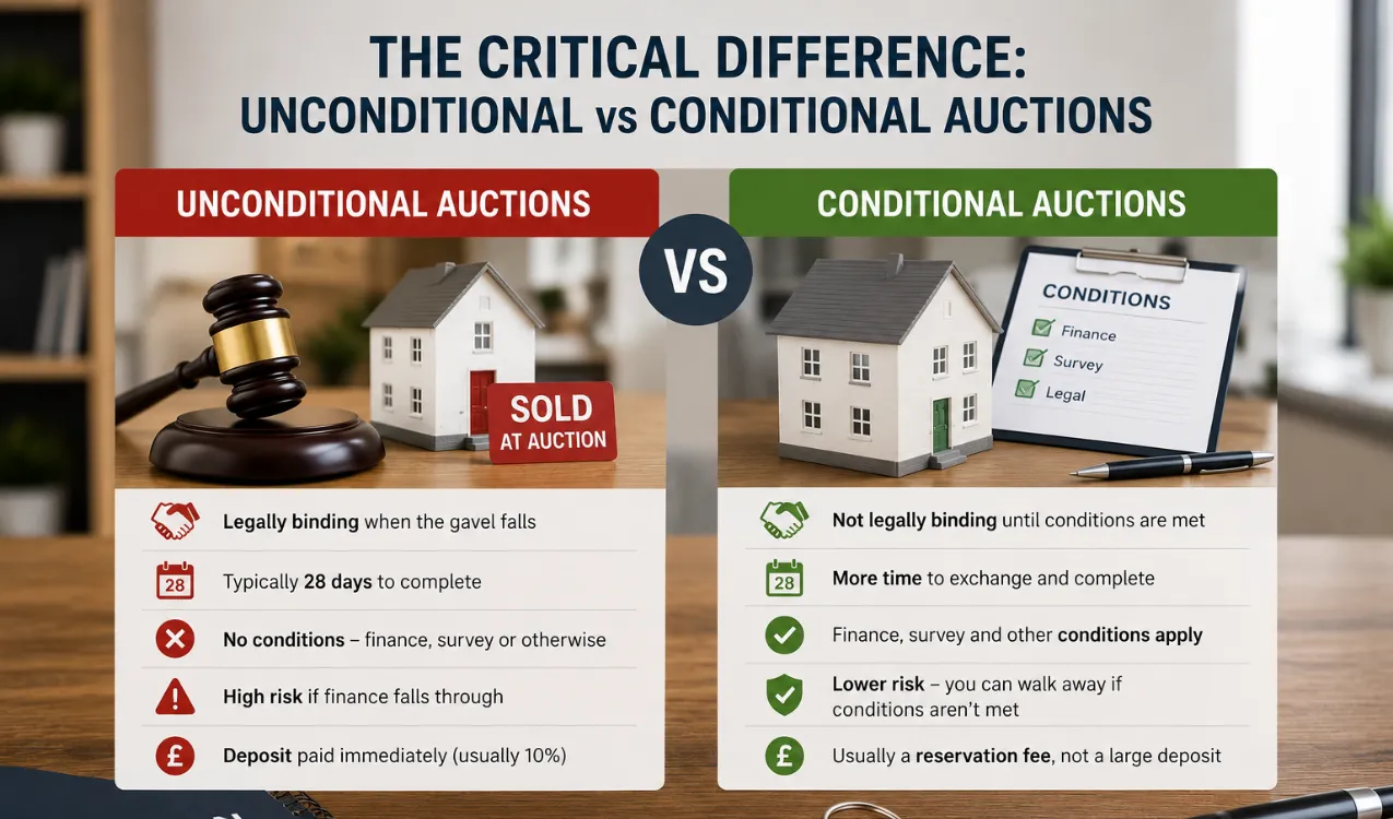 DIP unconditional auction — buyer holding mortgage in principle document at traditional property auction room with auctioneer