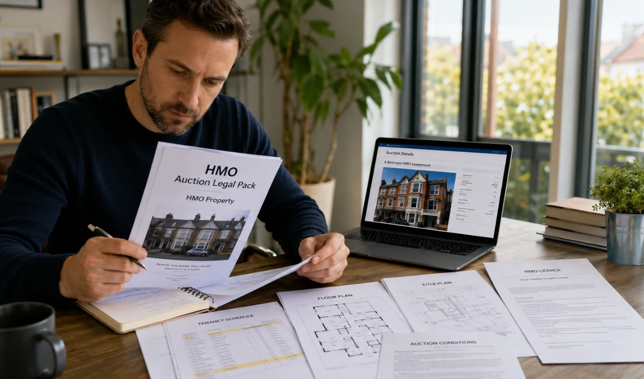 Bidder reviewing HMO auction legal pack documents before bidding