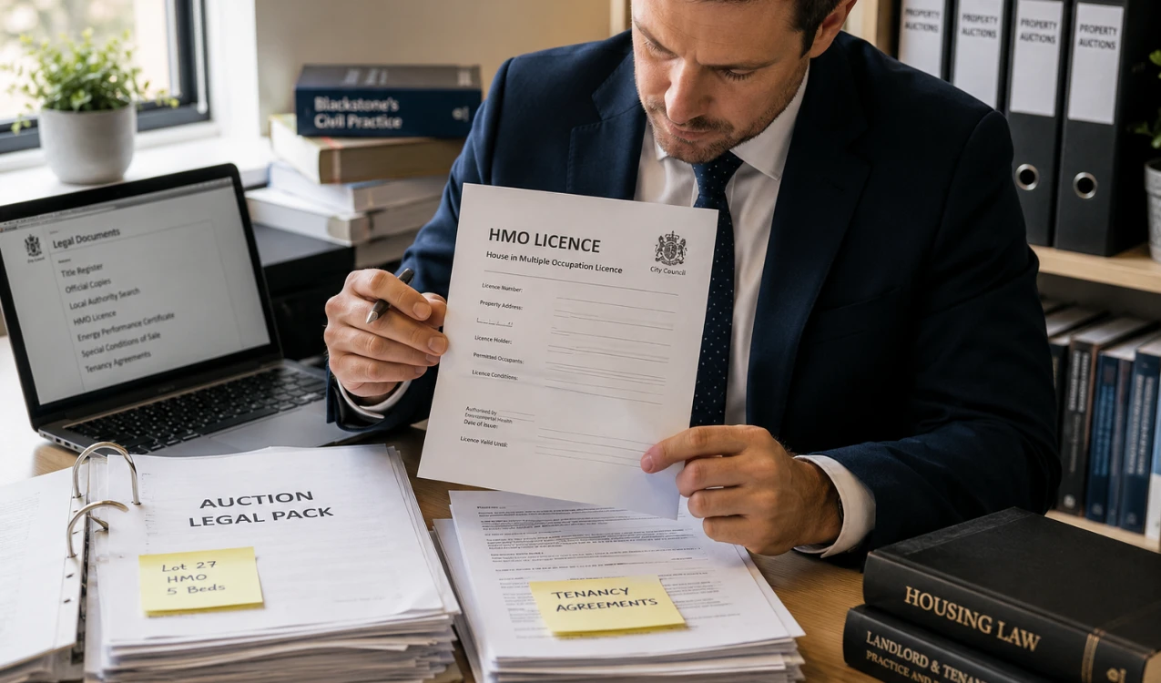 Solicitor checking HMO licence documents in an auction legal pack