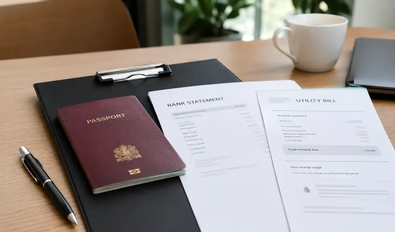 Property auction registration documents — passport, bank statement and utility bill laid out on a desk for identity verification