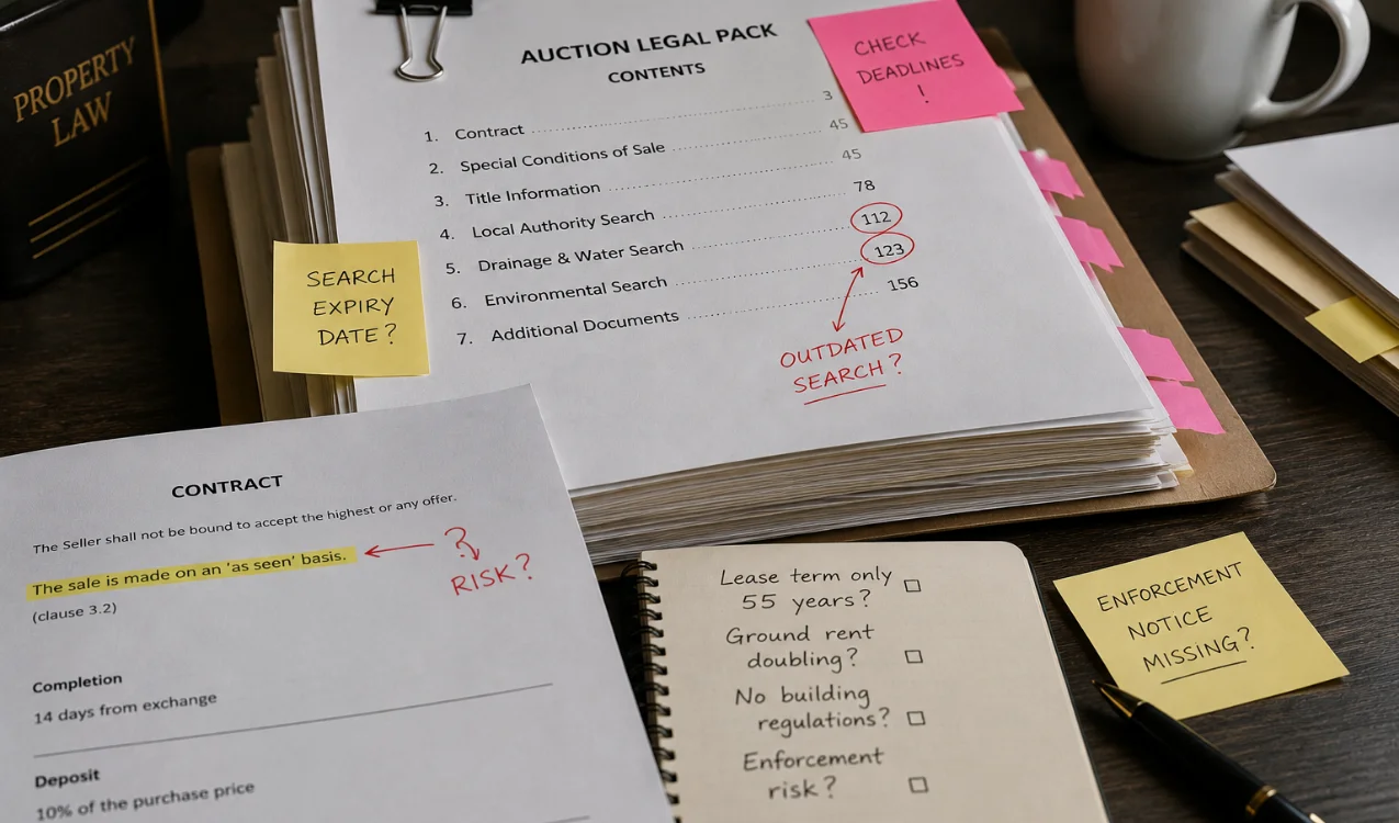 Auction legal pack mistakes reviewed side by side by a buyer and solicitor