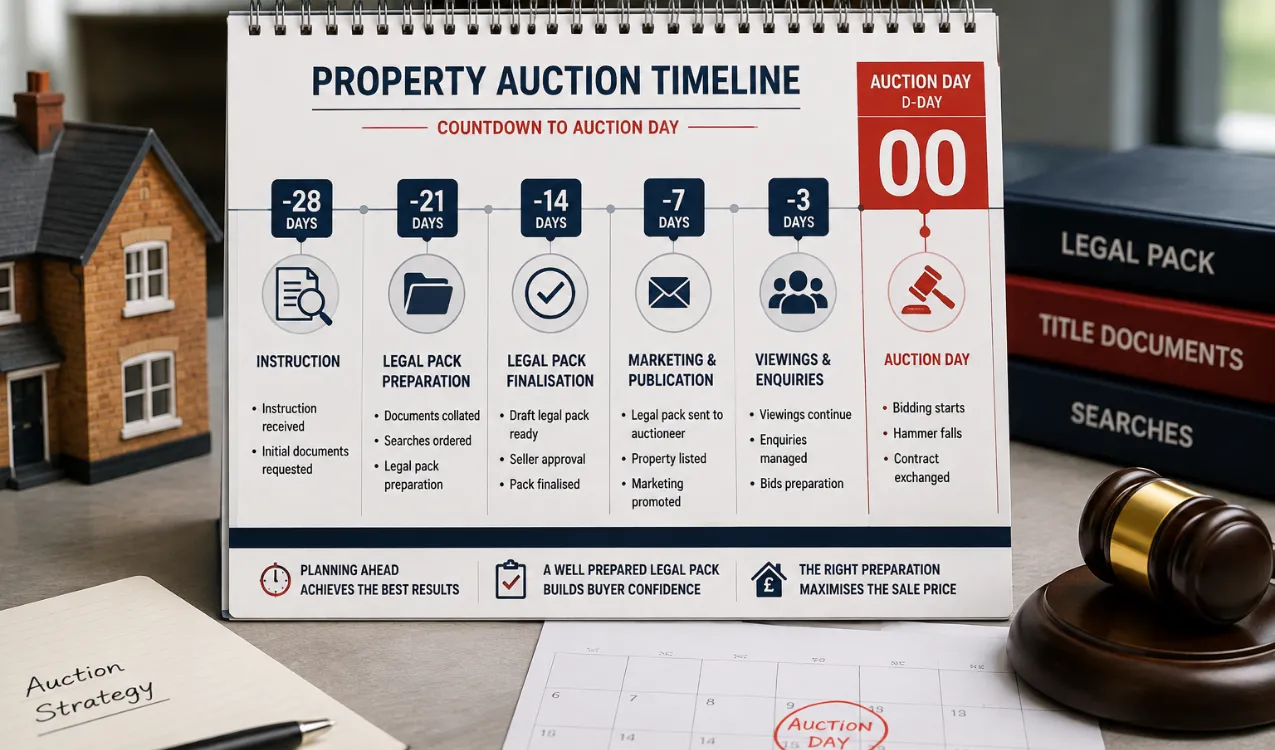 Auction property listing timeline showing when the legal pack becomes available before auction day