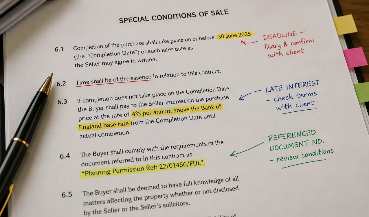 Auction special conditions with a completion deadline and late-interest clause highlighted