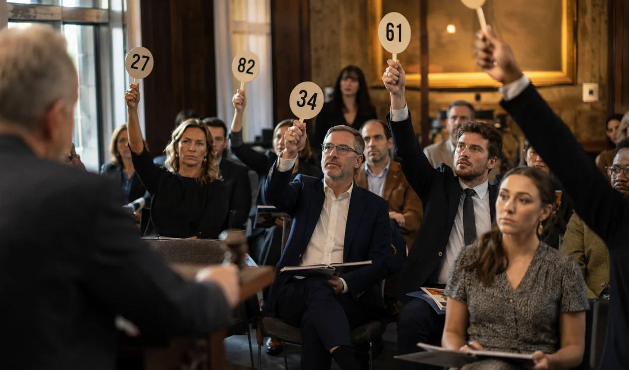 Bidders competing at a UK property auction, reflecting the bidder confidence a complete legal pack supports