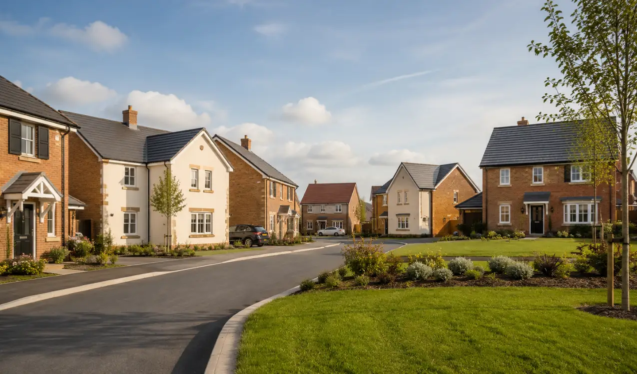 New-build freehold housing estate with shared access roads and communal green space