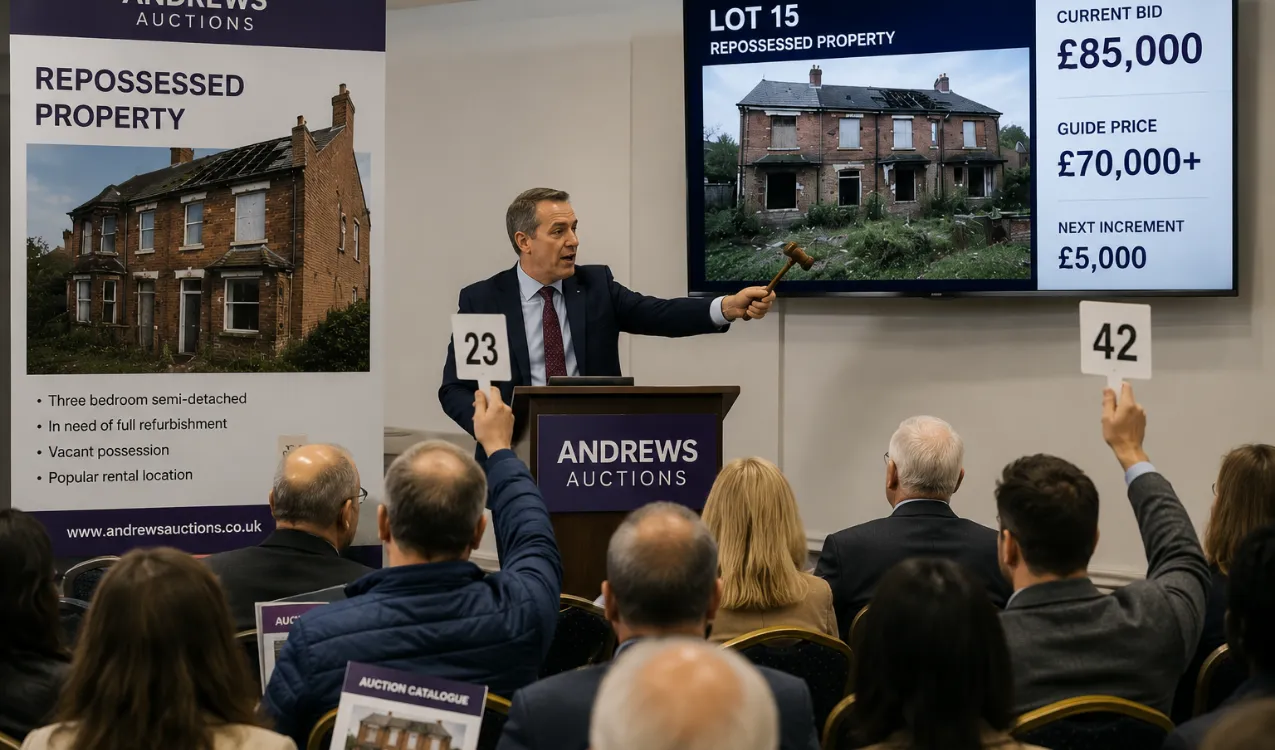 Repossessed property at auction with sold sign and bidders